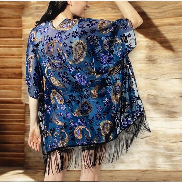 Floral Paisley Mid Length Open Front Fringe Tassel Velvet Kimono Cardigan - NEW - Picture 1 of 4